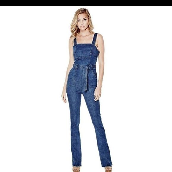 GUESS  ELLA BLUE DENIM FLARE LEG ADJUSTABLE STRAP TIE WAIST JUMPSUIT OVERALLS - Picture 1 of 16